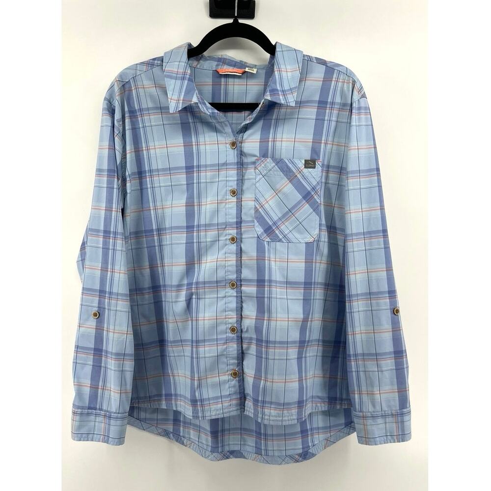 L.L.Bean Women's XL Petite Button Down Plaid Shirt Blue Orange Roll Tab Sleeves
